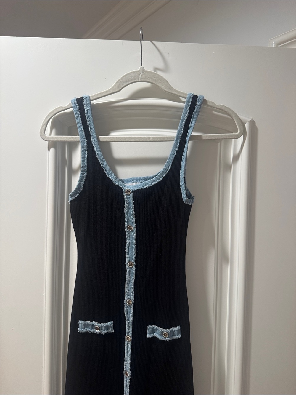 Black Ribbed Tank Dress with Light Blue Trim